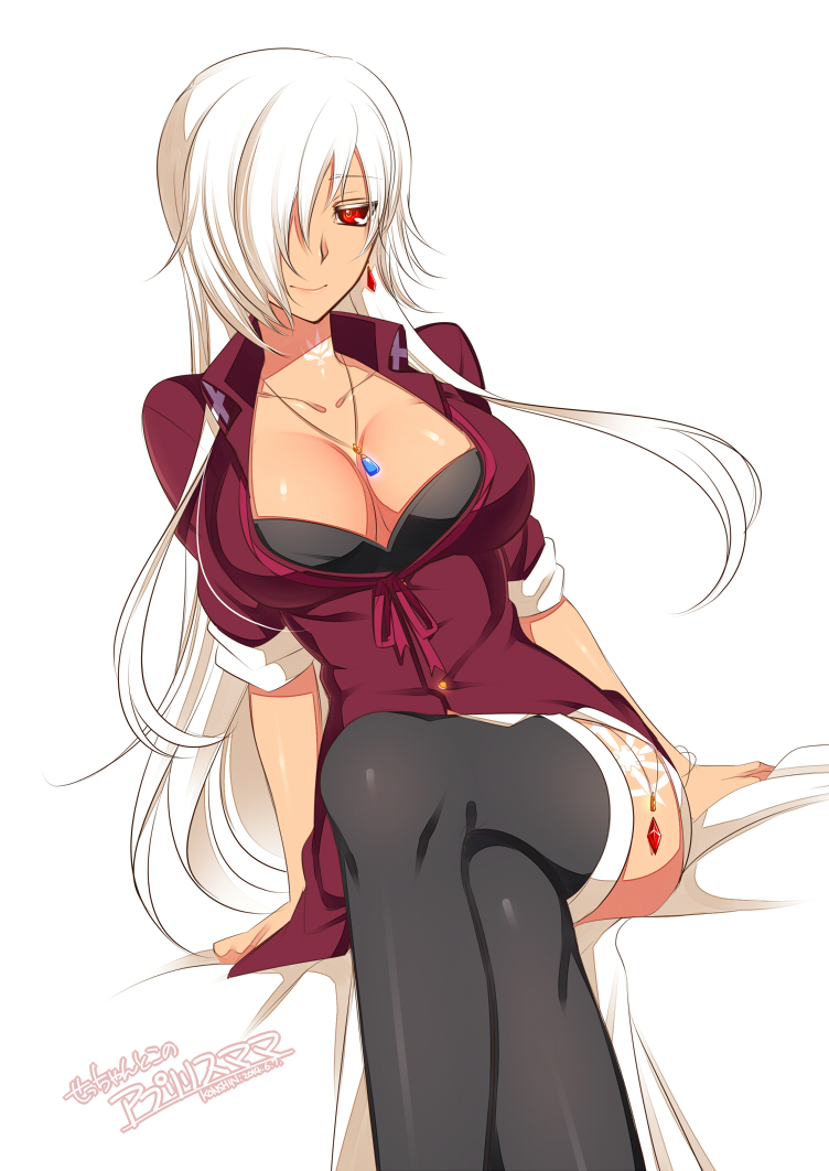1girl black_bra black_legwear bra breasts closed_mouth dated dress hair_over_one_eye jewelry konshin large_breasts legs_crossed long_hair necklace one_eye_covered original red_dress signature simple_background sitting sleeves_past_wrists smile solo thigh-highs underwear white_background