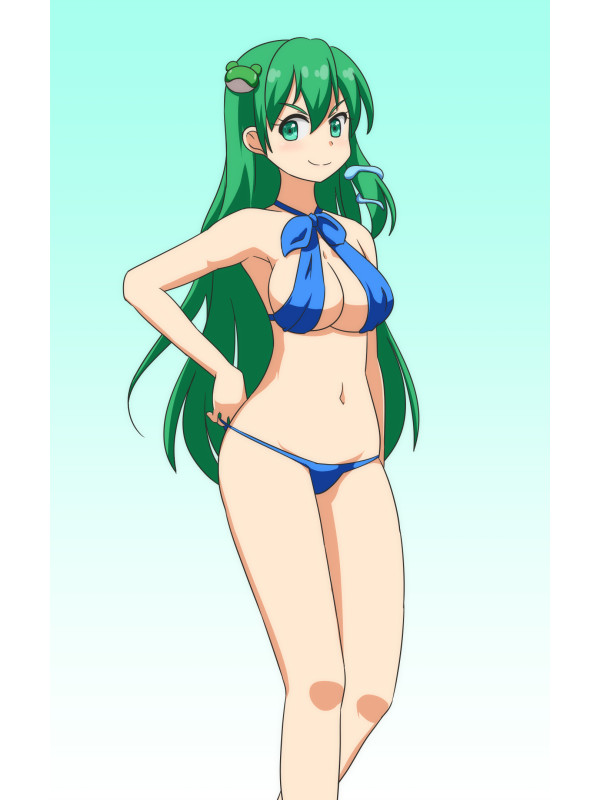 1girl bikini blue_bikini breasts cato_(monocatienus) commentary criss-cross_halter doyagao frog_hair_ornament gradient gradient_background green_background green_eyes green_hair hair_between_eyes hair_ornament halterneck hand_on_hip kochiya_sanae large_breasts long_hair looking_at_viewer navel simple_background smile snake_hair_ornament solo swimsuit touhou v-shaped_eyebrows very_long_hair