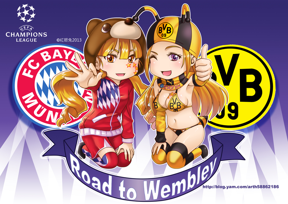 2girls :d ;d bikini blonde_hair blush borussia_dortmund breasts commentary drill_hair fc_bayern_munchen ge_xi large_breasts long_hair looking_at_viewer midriff multiple_girls navel one_eye_closed open_mouth personification puma_ag scarf smile stomach swimsuit uefa_champions_league violet_eyes yellow_eyes