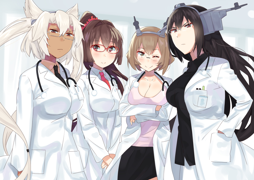 4girls alternate_costume bespectacled black_hair black_skirt breast_hold breasts brown_eyes brown_hair coat collarbone commentary_request crossed_arms doctor glasses hair_between_eyes headgear kantai_collection labcoat large_breasts long_hair long_sleeves multiple_girls musashi_(kantai_collection) mutsu_(kantai_collection) nagato_(kantai_collection) one_eye_closed ponytail red-framed_eyewear red_eyes semi-rimless_eyewear short_hair skirt smile stethoscope tonari_no_kai_keruberosu twintails under-rim_eyewear white_coat white_hair yamato_(kantai_collection)