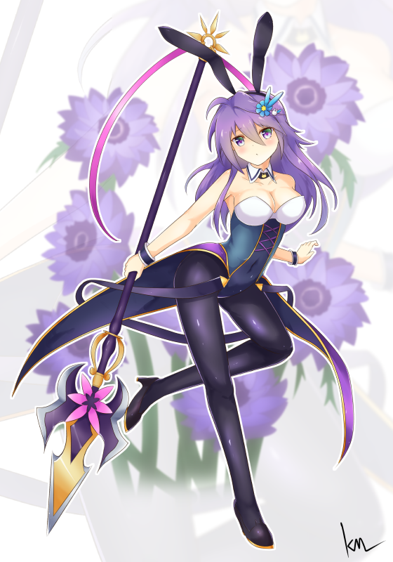 1girl anemone_(flower_knight_girl) animal_ears blue_eyes blush breasts bunny_girl bunnysuit easter flower flower_knight_girl hair_flower hair_ornament hairclip kimukimu long_hair looking_at_viewer polearm purple_hair rabbit_ears solo spear thigh-highs violet_eyes weapon