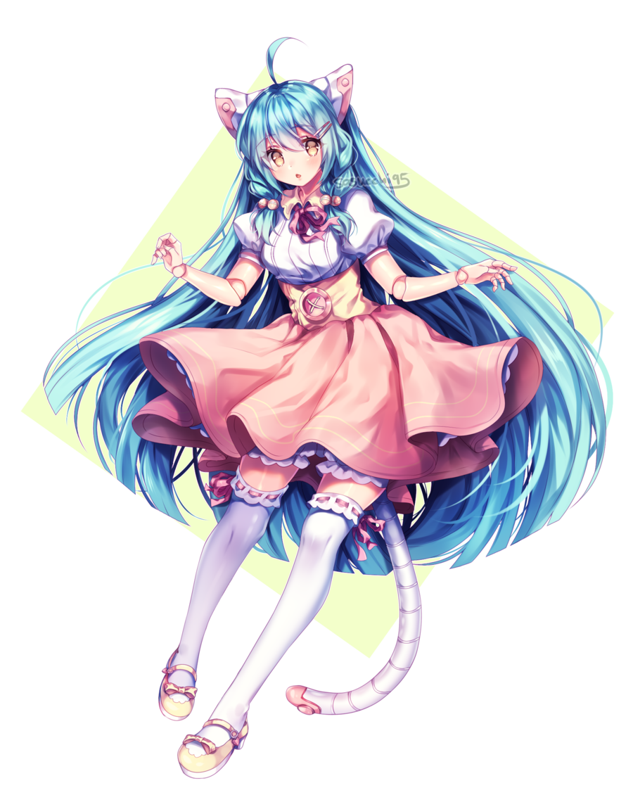 1girl ahoge animal_ears aqua_hair artist_name bangs blue_hair braid commission doll_joints dress full_body hair_ornament hairclip long_hair looking_at_viewer original robot_ears sasucchi95 solo tail thigh-highs twin_braids yellow_eyes