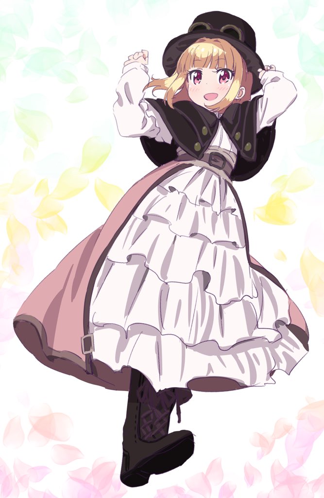 1girl :d belt black_hat boots brown_capelet brown_footwear capelet commentary_request from_below full_body hat iijima_yun long_skirt long_sleeves looking_at_viewer new_game! open_mouth pink_skirt pink_x red_eyes short_hair skirt smile solo standing top_hat