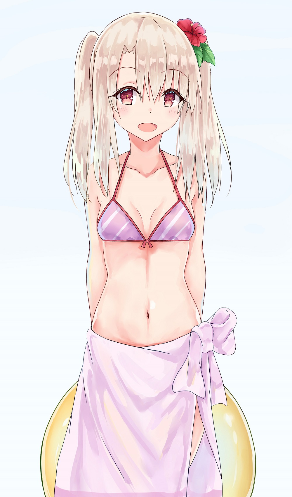 1girl :d akaya_(pixiv20545353) arms_behind_back asymmetrical_bangs bangs bikini blonde_hair blunt_bangs blush breasts cleavage collarbone cowboy_shot cute eyebrows_visible_through_hair fate/kaleid_liner_prisma_illya fate/stay_night fate_(series) flower hair_between_eyes hair_flower hair_ornament hibiscus highres holding illyasviel_von_einzbern long_hair navel open_mouth purple_bikini_top red_eyes red_flower sarong sideboob simple_background small_breasts smile solo standing striped_bikini_top twintails white_background