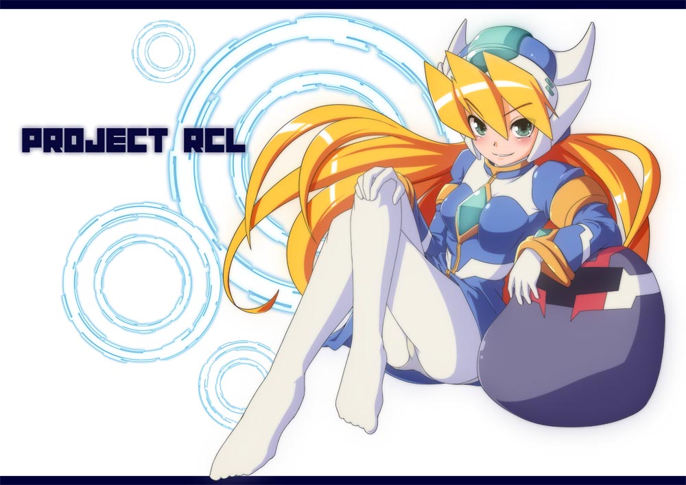 1girl bangs black_border blonde_hair border breasts cial_(rockman) dress eyebrows_visible_through_hair female gloves hair_between_eyes hand_on_own_knee helmet juliet_sleeves legs_crossed long_hair long_sleeves medium_breasts pantyhose puffy_sleeves rockman rockman_zero semikichi sitting solo white_gloves white_legwear