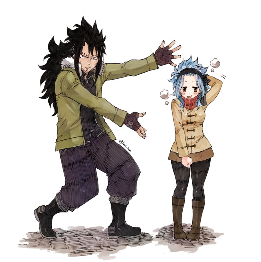 1boy 1girl black_footwear black_gloves black_hair black_legwear black_pants black_shirt blue_hair blush boots brown_eyes brown_footwear brown_skirt brown_sweater coat ear_piercing fairy_tail fingerless_gloves full_body fur_trim gajeel_redfox gloves green_coat headband knee_boots levy_mcgarden long_hair looking_at_viewer miniskirt open_clothes open_coat open_mouth pants pantyhose piercing pleated_skirt red_scarf rusky scarf shirt simple_background sketch skirt standing sweater white_background winter_clothes