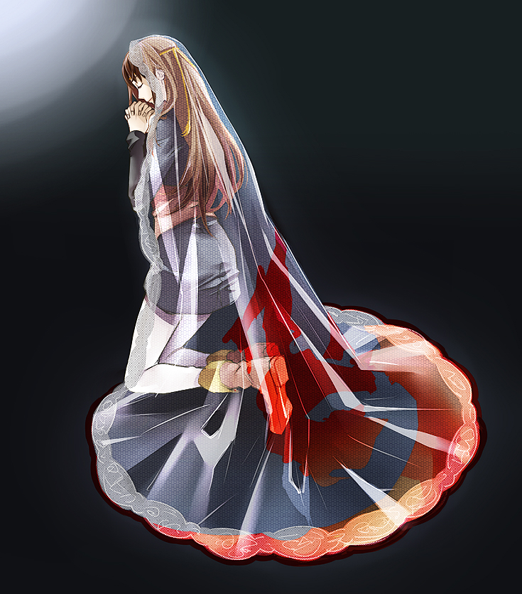 1girl brown_hair cape circlet closed_eyes closed_mouth commentary_request dress ei_(fran3bon) gensou_suikoden gensou_suikoden_i long_hair odessa_silverberg solo veil