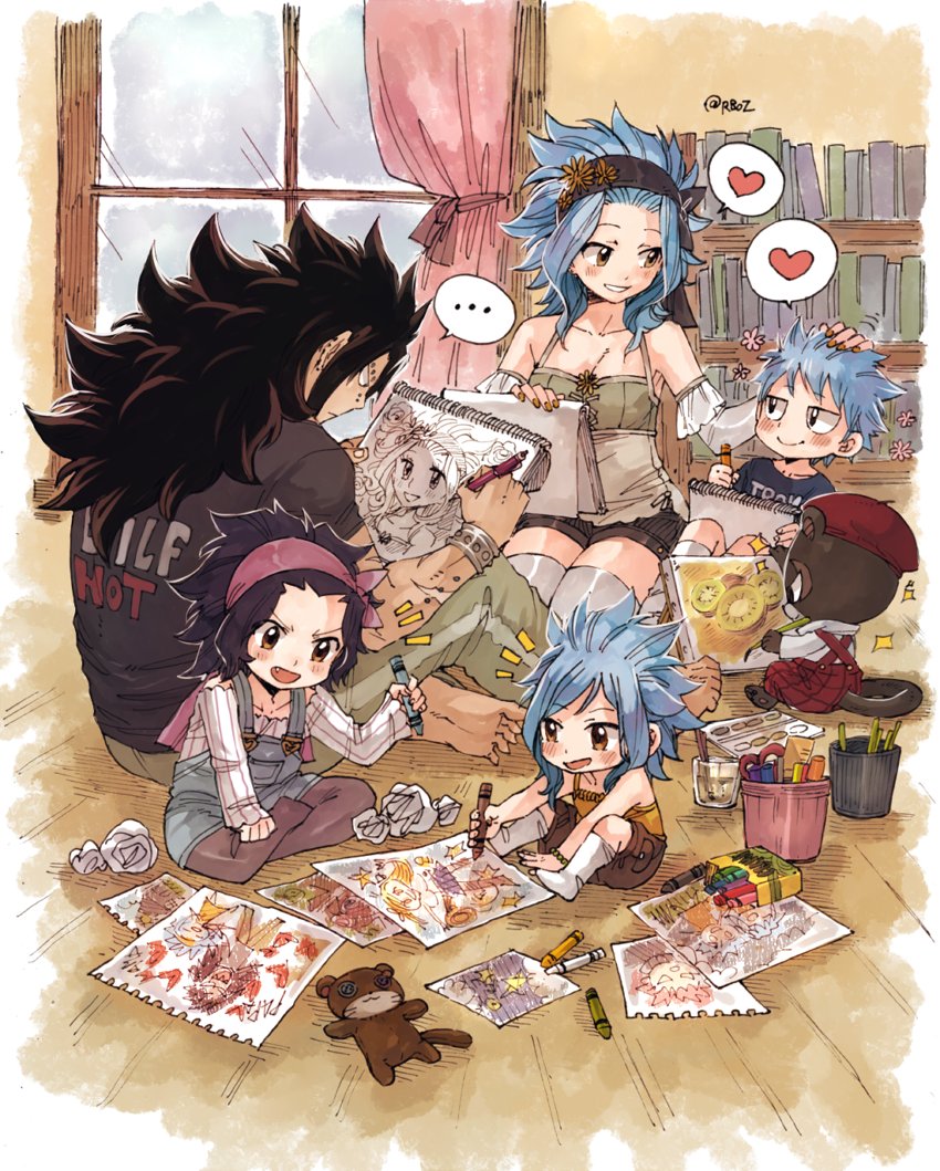 2boys 3girls :d black_hair black_shirt black_shorts blue_hair blush bookshelf breasts brown_legwear brown_nails brown_pants brown_shorts cleavage detached_sleeves eye_contact fairy_tail fang gajeel_redfox grey_legwear grin hand_on_another's_head headband heart holding holding_pen indian_style indoors levy_mcgarden long_hair looking_at_another multiple_boys multiple_girls nail_polish open_mouth overalls pantherlily pants pantyhose pen rusky shirt short_shorts short_sleeves shorts signature sitting sketch sketchbook sketching sleeveless small_breasts smile striped striped_shirt thigh-highs vertical-striped_shirt vertical_stripes very_long_hair white_legwear window wooden_floor zettai_ryouiki