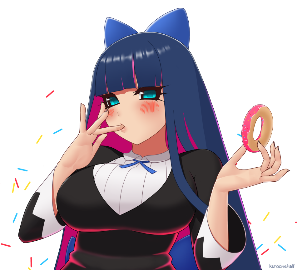 1girl bangs black_dress blue_eyes blunt_bangs blush breasts commentary_request confetti doughnut dress finger_licking food hands_up hime_cut holding holding_food kuroonehalf large_breasts licking long_sleeves looking_at_viewer multicolored_hair panty_&amp;_stocking_with_garterbelt pink_hair purple_hair shirt signature simple_background solo stocking_(psg) two-tone_hair upper_body white_background white_shirt
