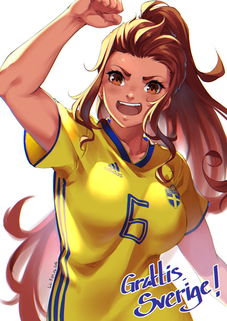 1girl 2018_fifa_world_cup adidas breasts brigitte_(overwatch) brown_eyes brown_hair commentary freckles highres jersey long_hair looking_at_viewer lulu-chan92 medium_breasts open_mouth overwatch ponytail shirt sidelocks smile soccer soccer_uniform solo sportswear sweden swedish_flag world_cup yellow_shirt