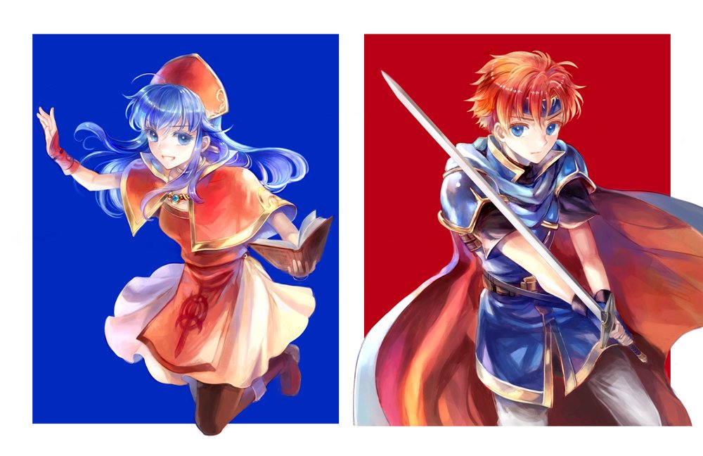 1boy 1girl armor blue_eyes blue_hair blush book cape couple dress fire_emblem fire_emblem:_fuuin_no_tsurugi gloves hat hetero intelligent_systems jewelry kuzumosu lilina long_hair nintendo redhead roy_(fire_emblem) short_hair simple_background smile sword weapon