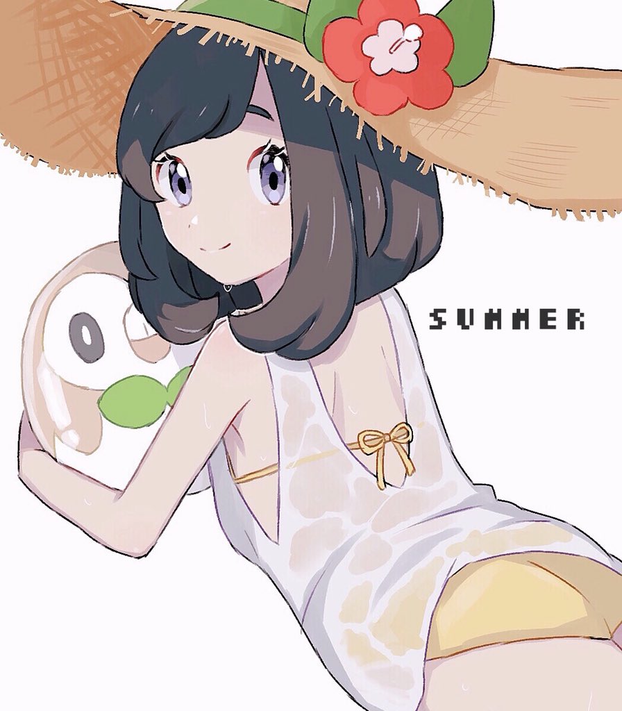 1girl alternate_costume ass back bikini black_hair flat_ass flower gen_7_pokemon hat hat_flower kn_9620 looking_back lying mizuki_(pokemon) on_stomach pokemon pokemon_(game) pokemon_sm rowlet shirt short_hair simple_background smile solo sun_hat swimsuit wet wet_clothes wet_shirt white_background white_shirt yellow_bikini