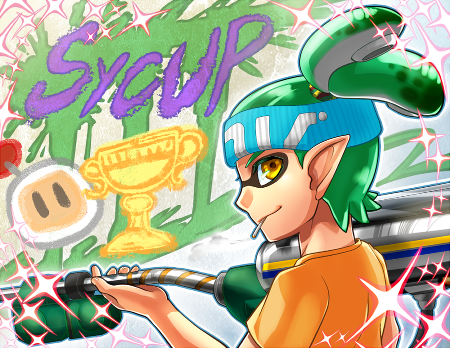 1boy bomberman cigarette domino_mask e-liter_3k_(splatoon) from_side graffiti green_hair headband higami_akabane inkling male_focus mask pointy_ears profile smile solo sparkle splatoon tentacle_hair tied_hair trophy white_bomberman yellow_eyes