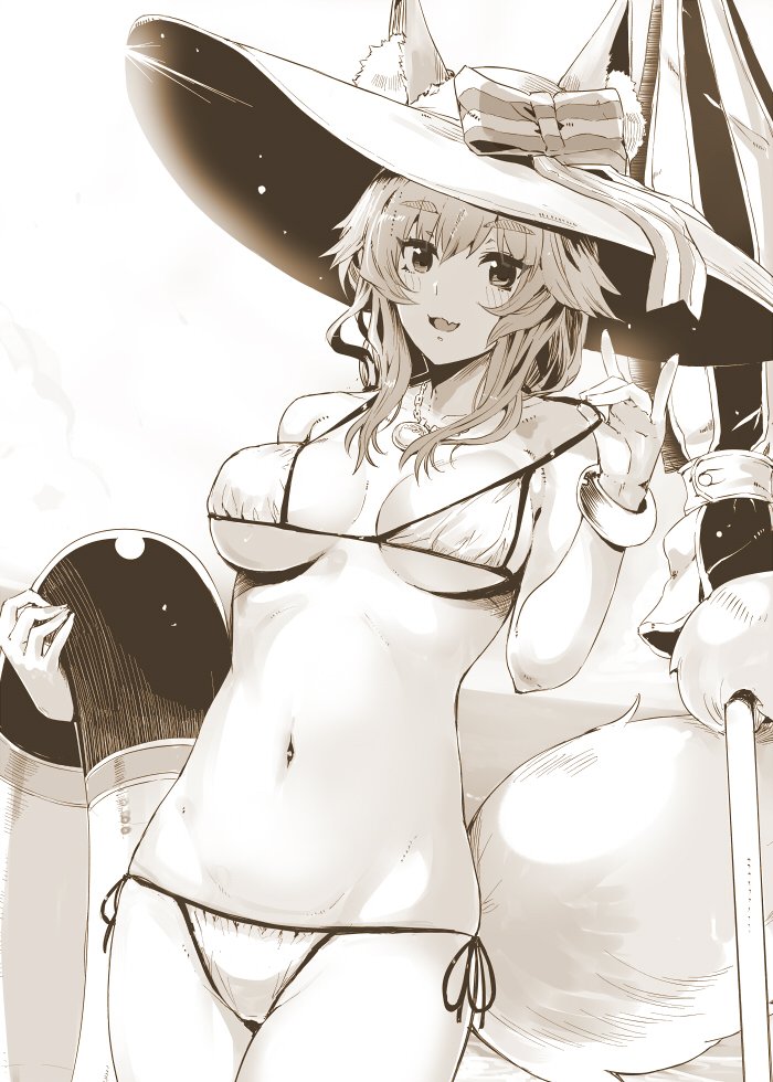 1girl :3 :d animal_ears bangle beach beach_umbrella bikini bow bracelet breasts closed_umbrella commentary eyebrows_visible_through_hair fang fate/grand_order fate_(series) fox_ears fox_shadow_puppet fox_tail hat hat_bow hat_ribbon holding holding_innertube innertube jewelry large_breasts monochrome navel necklace open_mouth pulled_by_self ribbon side-tie_bikini smile solo strap_pull sumisu_(mondo) sun_hat swimsuit tail tail_wrap tamamo_(fate)_(all) tamamo_no_mae_(swimsuit_lancer)_(fate) thick_eyebrows umbrella