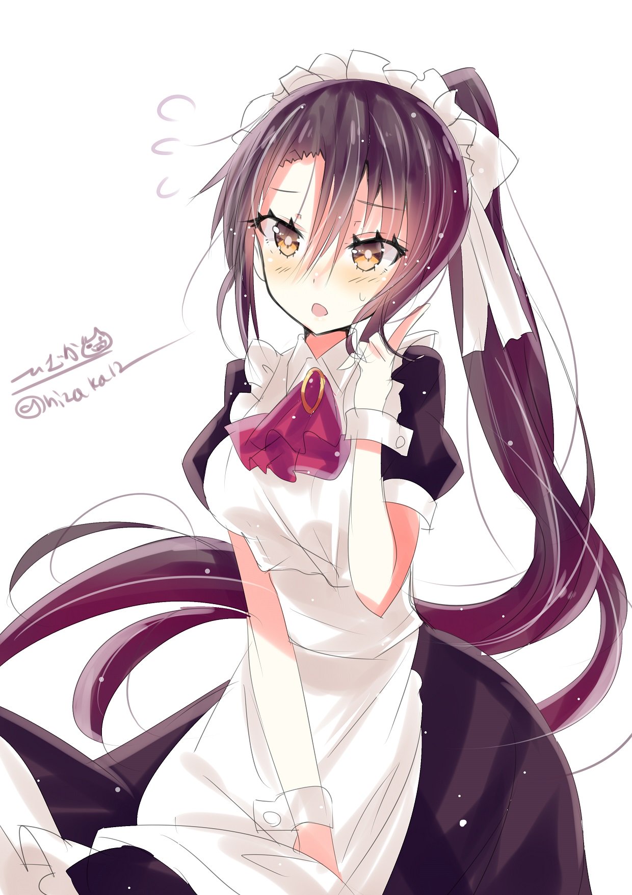 1girl apron black_hair blush breasts dress eyebrows_visible_through_hair gloves hair_between_eyes highres hizaka kantai_collection long_dress long_hair looking_at_viewer maid maid_apron maid_headdress medium_breasts open_mouth ponytail simple_background solo twitter_username very_long_hair white_background white_gloves yahagi_(kantai_collection) yellow_eyes