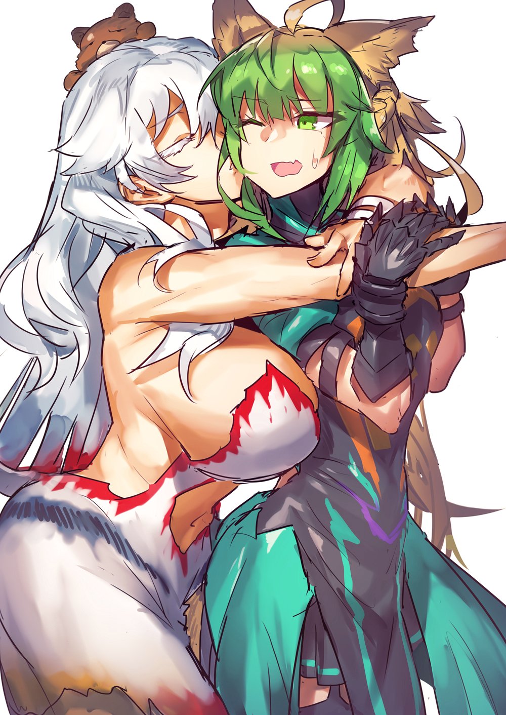 1girl ahoge animal_ears armpits artemis_(fate/grand_order) atalanta_(fate) bare_arms bare_shoulders breast_press breasts cat_ears cat_tail cheek_kiss dress fate/grand_order fate_(series) gradient_hair green_dress green_eyes green_hair highres holding_arms hug huge_breasts kiss long_hair melon22 multicolored_hair navel_cutout one_eye_closed open_mouth orion_(fate/grand_order) stuffed_animal stuffed_toy sweatdrop tail teddy_bear two-tone_hair white_hair