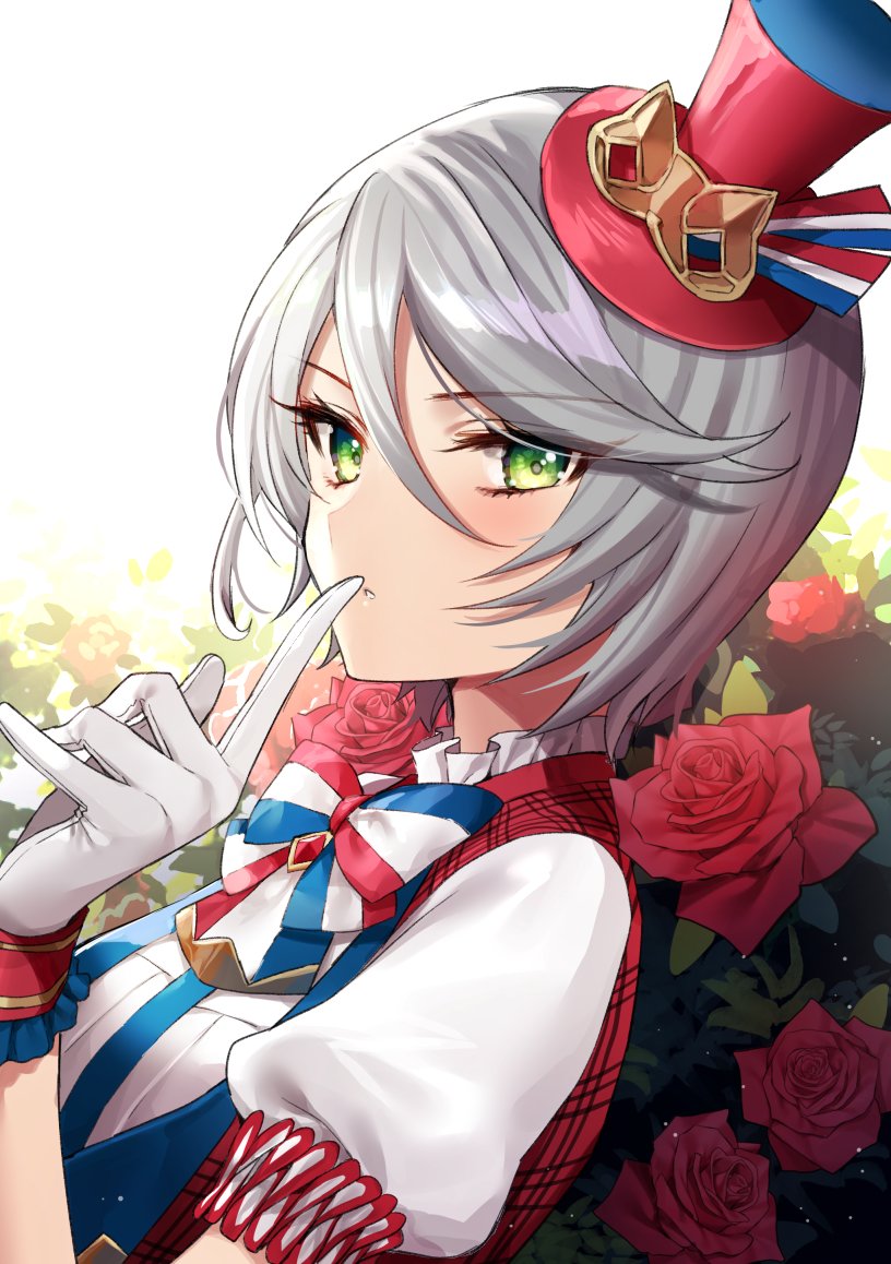 1girl blush bow bowtie eyebrows_visible_through_hair flower from_side gambe gloves green_eyes green_vest grey_hair hair_between_eyes hand_up hat index_finger_raised looking_at_viewer looking_to_the_side mini_hat parted_lips pripara puffy_short_sleeves puffy_sleeves red_flower red_rose rose shikyouin_hibiki shirt short_hair short_sleeves solo top_hat upper_body vest white_gloves white_shirt