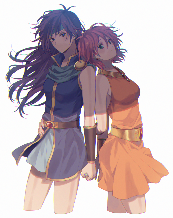 2girls antenna_hair bare_shoulders belt bracer breasts brown_belt closed_mouth cowboy_shot cropped_legs dress earrings faris_scherwiz final_fantasy final_fantasy_v green_eyes headband humiyooo jewelry lenna_charlotte_tycoon long_hair medium_breasts multiple_girls orange_dress pink_hair princess purple_hair short_hair siblings sisters sleeveless sleeveless_dress smile standing tunic