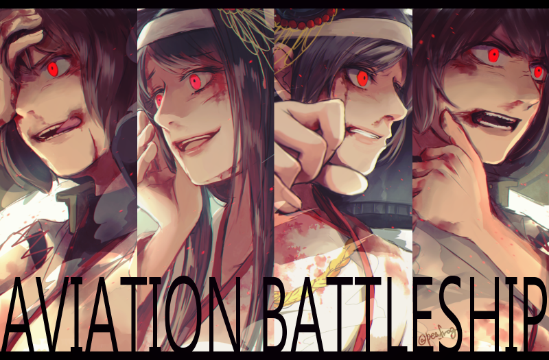 4girls aiguillette black_hair blood blood_on_face brown_hair constricted_pupils crazy_eyes eyebrows_visible_through_hair floral_print fusou_(kantai_collection) hachimaki hair_ornament hand_on_own_face headband hyuuga_(kantai_collection) injury ise_(kantai_collection) japanese_clothes kantai_collection kimono kuchinashi_(rapido) licking_lips long_hair multiple_girls nontraditional_miko open_mouth red_eyes remodel_(kantai_collection) shaded_face short_hair smile teeth tongue tongue_out undershirt upper_body white_kimono yamashiro_(kantai_collection)