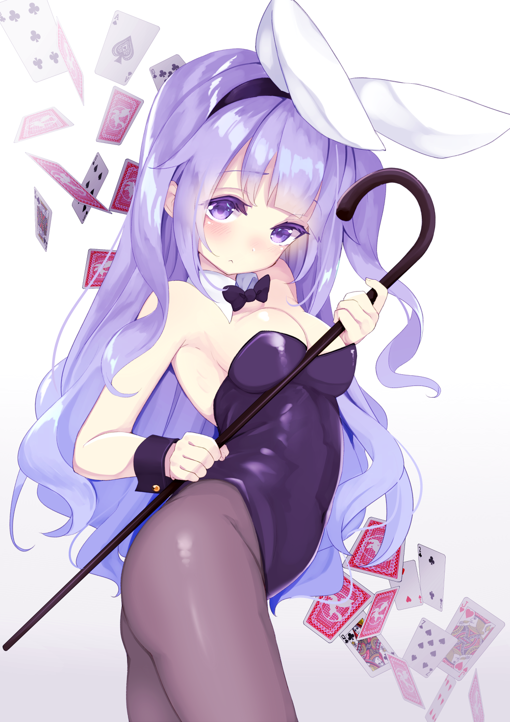 1girl amacha animal_ears azur_lane black_legwear black_leotard black_neckwear bow bowtie bunny_girl bunny_tail bunnysuit cane card cowboy_shot detached_collar highres leotard long_hair pantyhose playing_card purple_hair rabbit_ears simple_background solo strapless strapless_leotard tail unicorn_(azur_lane) violet_eyes white_background wrist_cuffs