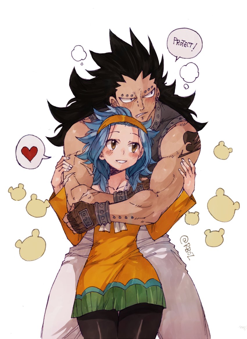 1boy 1girl black_hair black_legwear blue_hair blush brown_eyes brown_gloves collarbone couple cowboy_shot dress ear fairy_tail fingerless_gloves gajeel_redfox gloves grey_shirt grin headband heart hug hug_from_behind levy_mcgarden long_hair looking_away nose_blush orange_dress pantyhose rusky shirt short_dress sleeveless sleeveless_shirt smile white_background