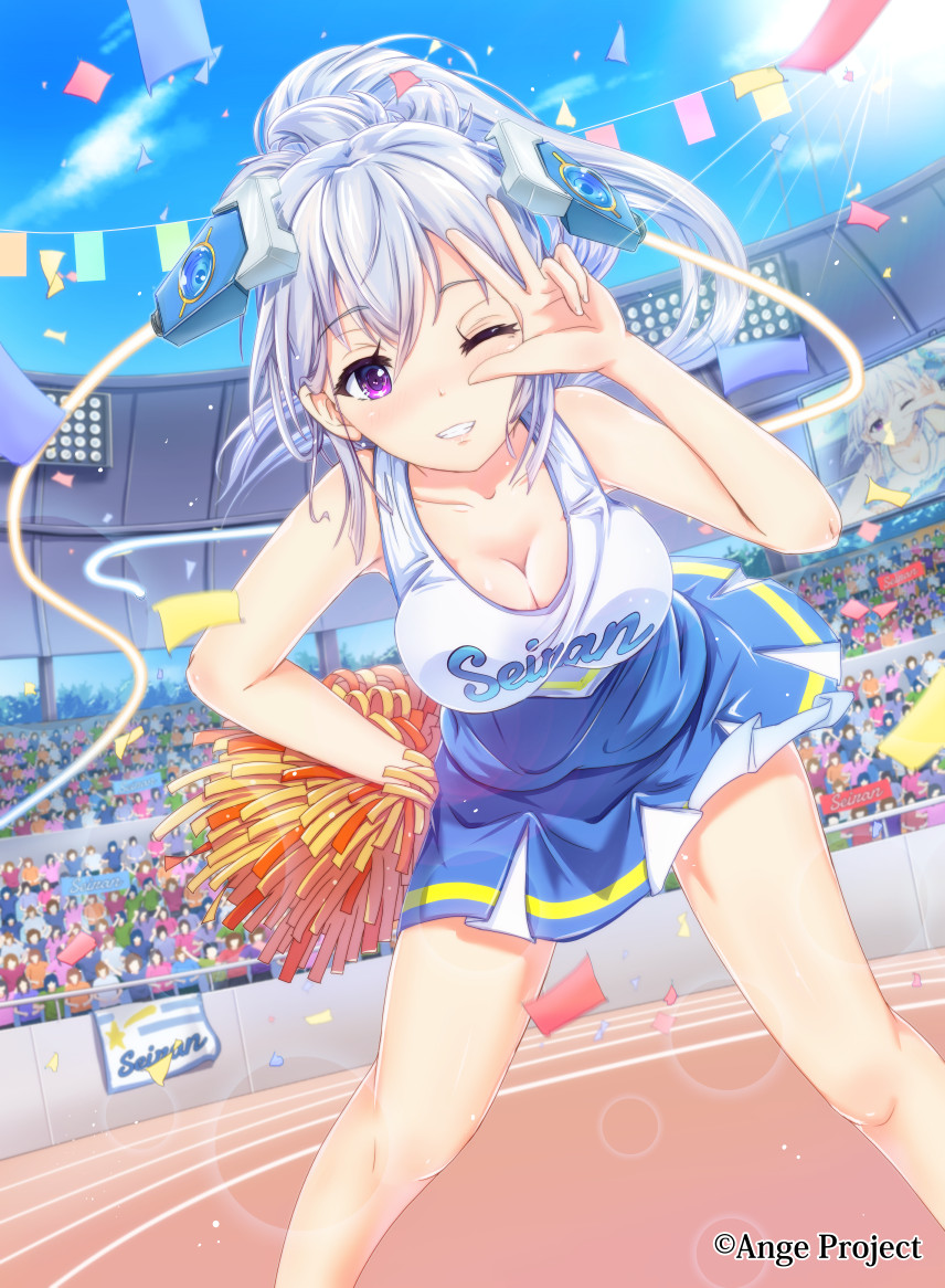 ange_vierge blue_skirt blue_sky breasts cheerleader code_omega_00_euphiria confetti crowd floodlights hair_ornament keepvalley large_breasts leaning_forward official_art one_eye_closed outdoors parted_lips pom_poms pose skirt sky smile solo_focus stadium standing string_of_flags track violet_eyes white_hair