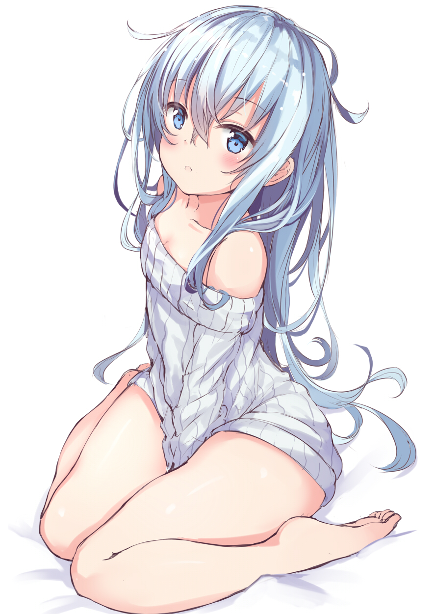 1girl bare_shoulders blue_eyes blue_hair blush breasts closed_mouth eyebrows_visible_through_hair hair_between_eyes hibiki_(kantai_collection) highres kantai_collection long_hair looking_at_viewer on_bed open_mouth silver_hair simple_background sitting sitting_on_bed small_breasts solo sweater thighs twitter_username verniy_(kantai_collection) wariza white_background yukishiro_arute