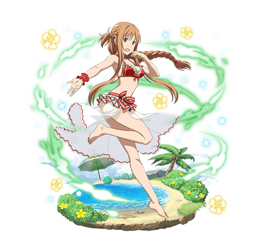 1girl :d asuna_(sao) ball bangs barefoot beachball bikini braid breasts brown_eyes brown_hair cleavage faux_figurine floating_hair flower frilled_bikini_top hair_between_eyes long_hair looking_at_viewer medium_breasts official_art one_leg_raised open_mouth outstretched_arm palm_tree ponytail red_bikini sideboob sidelocks simple_background single_braid smile solo standing standing_on_one_leg swimsuit sword_art_online sword_art_online:_code_register tree very_long_hair white_background wrist_cuffs yellow_flower