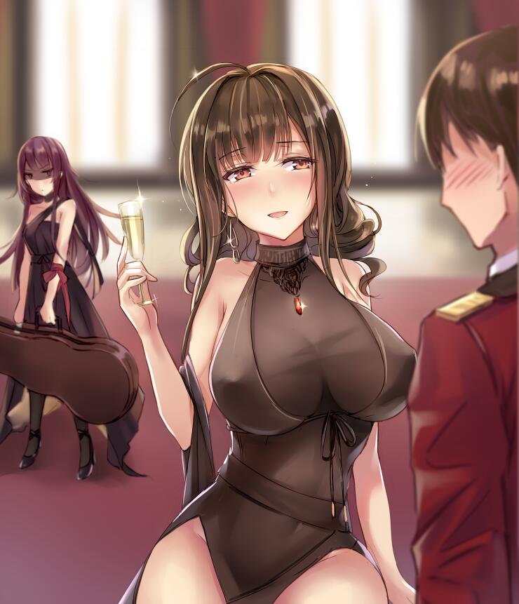 1boy 2girls :d ahoge alternate_costume arm_ribbon bangs bare_shoulders black_dress black_footwear black_gloves black_legwear blunt_bangs blurry blurry_background blush breasts brown_hair cello_case champagne_flute choker cleavage commander_(girls_frontline) commentary commentary_request covered_navel cup dress drinking_glass dsr-50_(girls_frontline) earrings erect_nipples eyebrows_visible_through_hair girls_frontline gloves groin hair_ribbon half-closed_eyes head_tilt holding holding_drinking_glass indoors jealous jewelry large_breasts long_hair military military_uniform multiple_girls no_bra open_mouth pantyhose pumps purple_hair red_eyes red_ribbon ribbon ruby_(stone) see-through shaded_face shawl sidelocks single_strap smile sparkle thighs uniform very_long_hair wa2000_(girls_frontline) weapon_case yuemanhuaikong