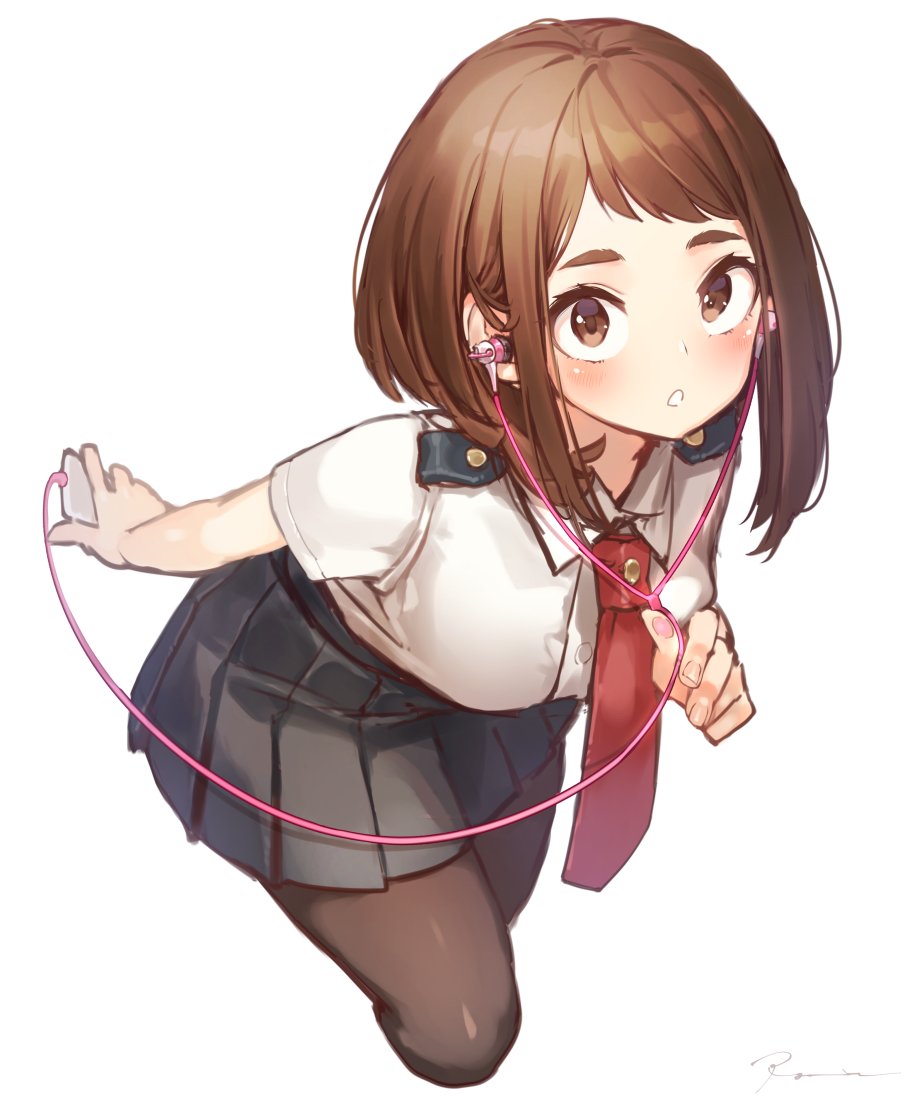 1girl boku_no_hero_academia brown_eyes brown_hair cellphone hakura_kusa headphones iphone looking_at_viewer necktie open_mouth pantyhose phone school_uniform signature simple_background skirt smartphone solo u.a._school_uniform uraraka_ochako