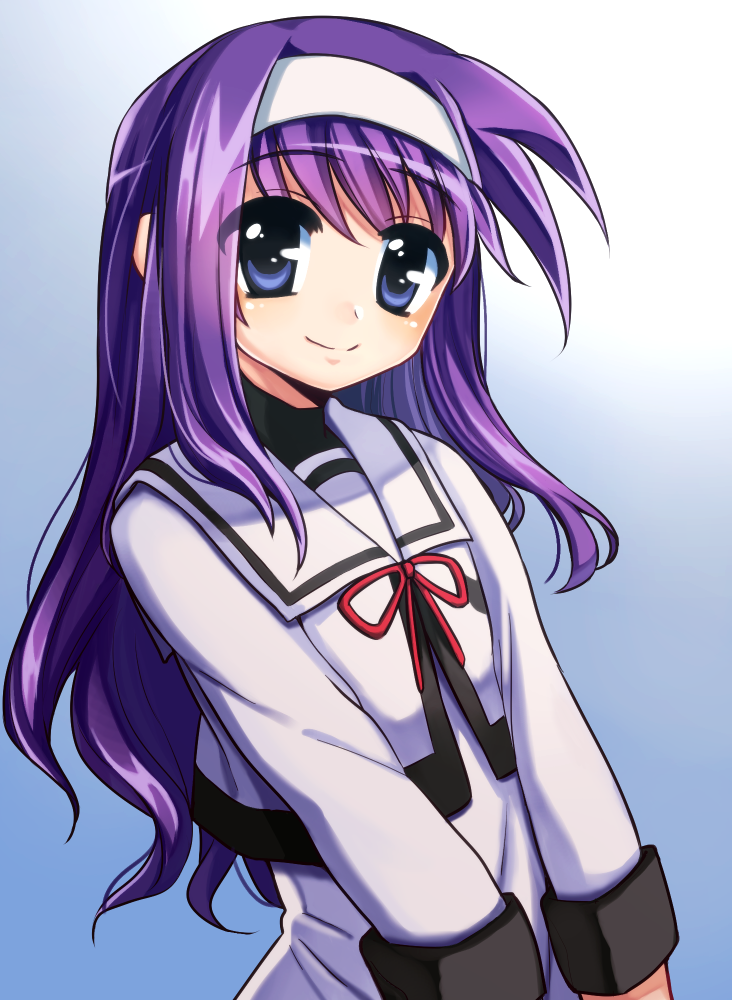 1girl blue_eyes blush closed_mouth eyebrows_visible_through_hair gradient gradient_background hairband hukin_ame long_hair looking_at_viewer lyrical_nanoha purple_hair smile solo tsukimura_suzuka uniform upper_body