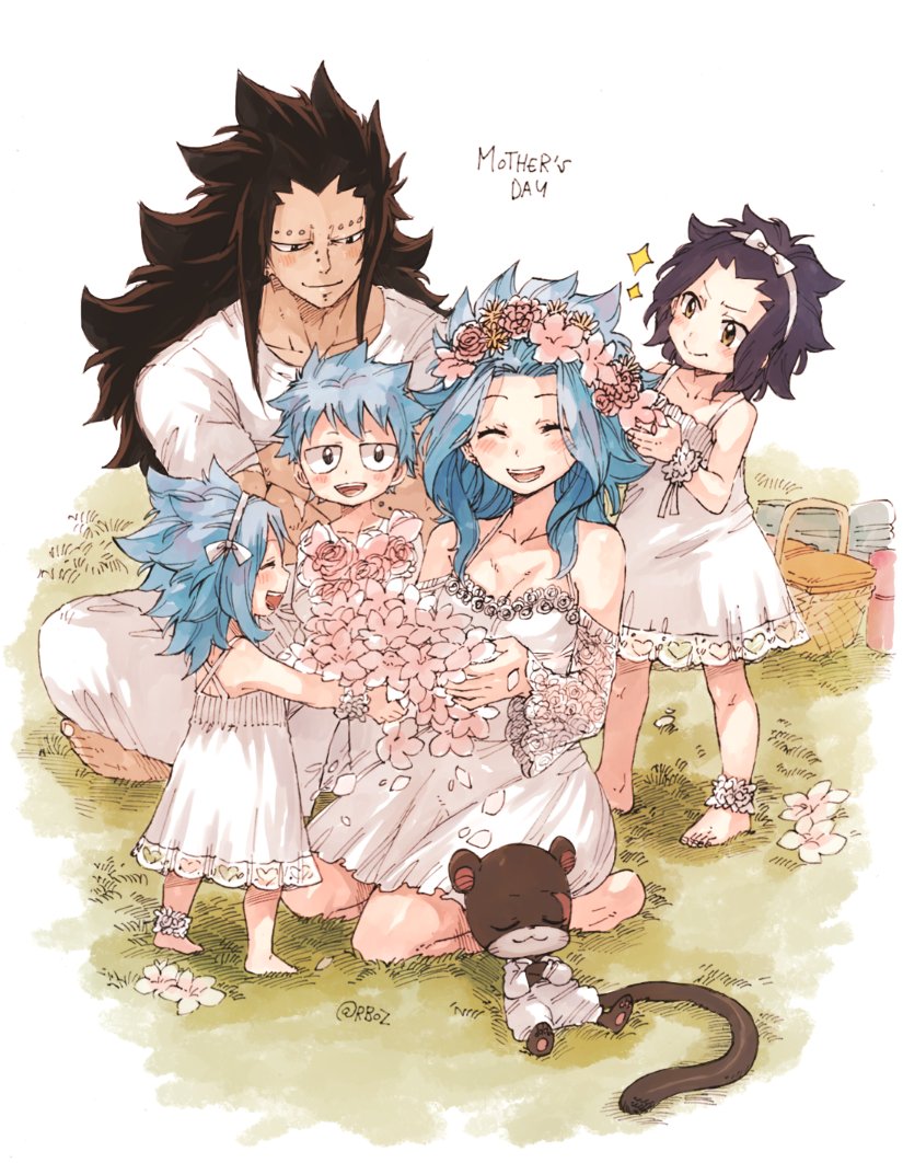 2boys 3girls :d anklet bare_shoulders black_hair blue_hair breasts brown_eyes cleavage closed_eyes crossed_arms detached_sleeves dress fairy_tail flower gajeel_redfox hair_flower hair_ornament head_tilt head_wreath indian_style jewelry kneeling levy_mcgarden long_hair mother's_day multiple_boys multiple_girls nose_piercing open_mouth pantherlily pants piercing pink_flower pink_rose rose rusky scar shirt short_dress short_sleeves simple_background sitting sleeveless sleeveless_dress small_breasts smile standing sundress very_long_hair white_background white_dress white_pants white_shirt