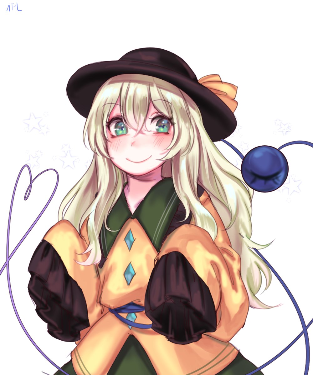 1girl alternate_hair_length alternate_hairstyle black_hat blush bow commentary_request eyebrows_visible_through_hair frilled_shirt_collar frills green_eyes green_hair green_skirt hair_between_eyes hat hat_bow heart heart_of_string highres komeiji_koishi long_hair long_sleeves looking_at_viewer shan shirt simple_background skirt sleeves_past_fingers sleeves_past_wrists smile solo star third_eye touhou upper_body white_background wide_sleeves yellow_bow yellow_shirt