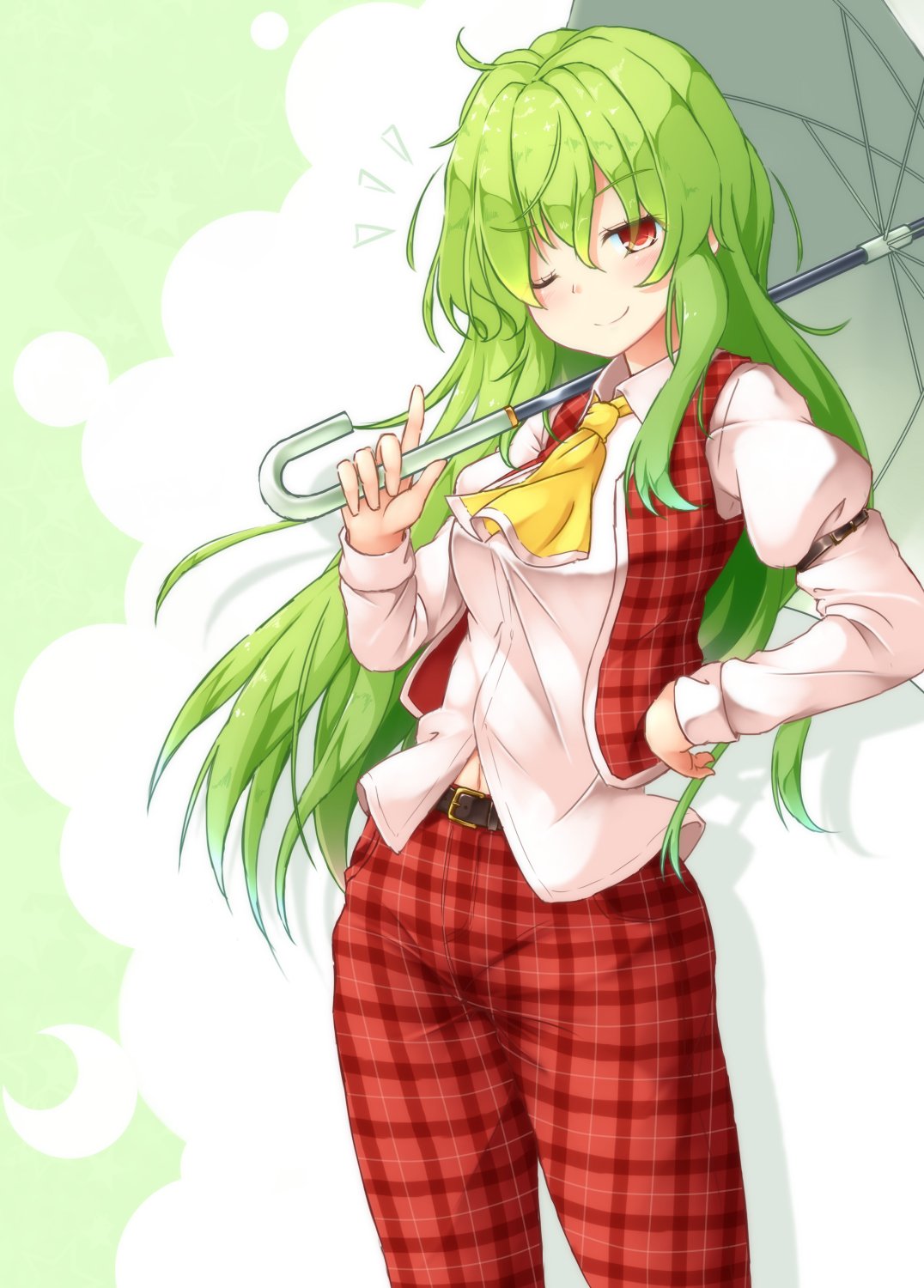 1girl ;) aka_tawashi ascot belt blush breasts commentary_request crescent eyebrows_visible_through_hair feet_out_of_frame green_background green_hair hair_between_eyes hand_on_hip head_tilt highres holding holding_umbrella index_finger_raised kazami_yuuka kazami_yuuka_(pc-98) long_hair long_sleeves medium_breasts navel one_eye_closed pants plaid plaid_pants plaid_vest red_eyes red_pants red_vest shirt silhouette smile solo standing touhou touhou_(pc-98) two-tone_background umbrella vest white_background white_shirt wing_collar yellow_neckwear