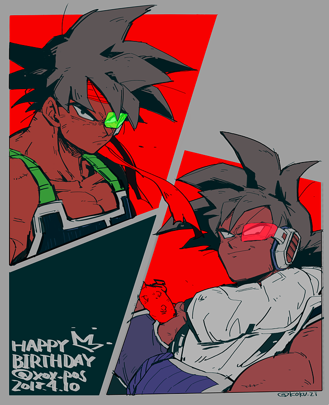 2018 2boys armor bandanna bardock black_background black_eyes black_hair commentary_request dated dragon_ball dragonball_z evil_smile fingernails floating food frown fruit grey_background happy_birthday holding kokusoji looking_at_viewer looking_away male_focus multiple_boys panels red_background red_bandana scouter serious short_hair simple_background smile spiky_hair tullece twitter_username upper_body