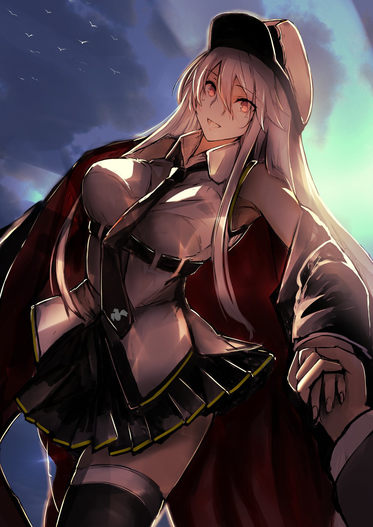 azur_lane black_belt black_coat black_neckwear coat collared_shirt commentary_request enterprise_(azur_lane) eyebrows_visible_through_hair hat highres military miniskirt multicolored multicolored_background necktie open_clothes open_coat open_mouth otsunabe_(naabe_delta) peaked_cap shirt silver_hair skirt sleeveless sleeveless_shirt thigh-highs underbust violet_eyes white_hat zettai_ryouiki