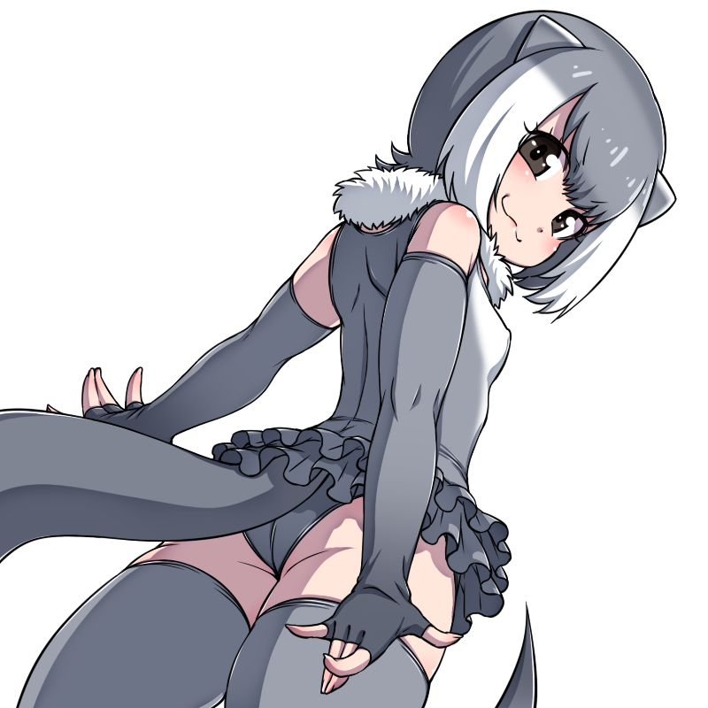 1girl :3 animal_ears arms_at_sides ass back bangs bare_shoulders black_eyes closed_mouth cowboy_shot dutch_angle elbow_gloves erect_nipples eyebrows_visible_through_hair fingerless_gloves frilled_swimsuit frills from_behind fur_collar gloves grey_gloves grey_hair grey_legwear hanya_(hanya_yashiki) kemono_friends looking_at_viewer looking_back multicolored_hair otter_ears otter_tail outstretched_arms short_hair simple_background skindentation small-clawed_otter_(kemono_friends) smile solo standing swimsuit tail thigh-highs two-tone_hair v-shaped_eyebrows white_background white_hair