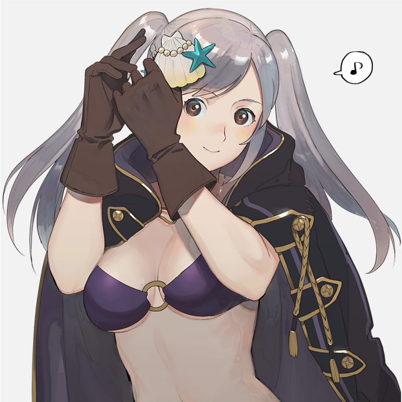 1girl bikini breasts brown_gloves cape cleavage cute female_my_unit_(fire_emblem:_kakusei) fire_emblem fire_emblem:_kakusei fire_emblem_heroes gloves hair_ornament intelligent_systems kyufe long_hair musical_note my_unit_(fire_emblem:_kakusei) nintendo o-ring_bikini parted_lips reflet seashell seashell_hair_ornament shell simple_background smile solo spoken_musical_note super_smash_bros. swimsuit twintails upper_body white_hair