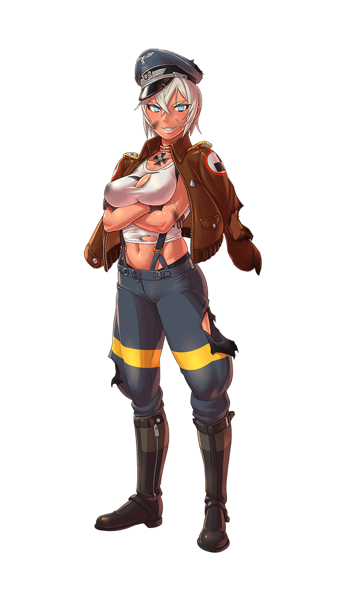 1girl black_footwear blue_eyes bomber_jacket boots breast_hold breasts crossed_arms dark_skin formation_girls full_body grin hat highres jacket looking_at_viewer medium_breasts midriff mikoyan military_hat navel short_hair silver_hair smile solo standing suspenders torn_clothes transparent_background walthilde_krupinski
