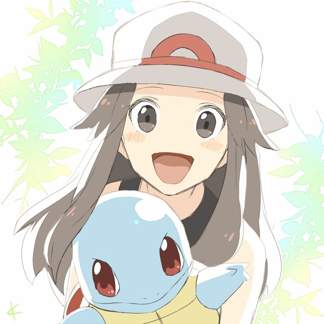 1girl :d bare_shoulders blue_(pokemon) blush brown_eyes brown_hair commentary_request gen_1_pokemon hat kanade_(10_ko_nama) looking_at_viewer no_nose open_mouth pokemon pokemon_(creature) pokemon_(game) pokemon_frlg smile solo squirtle upper_body white_hat