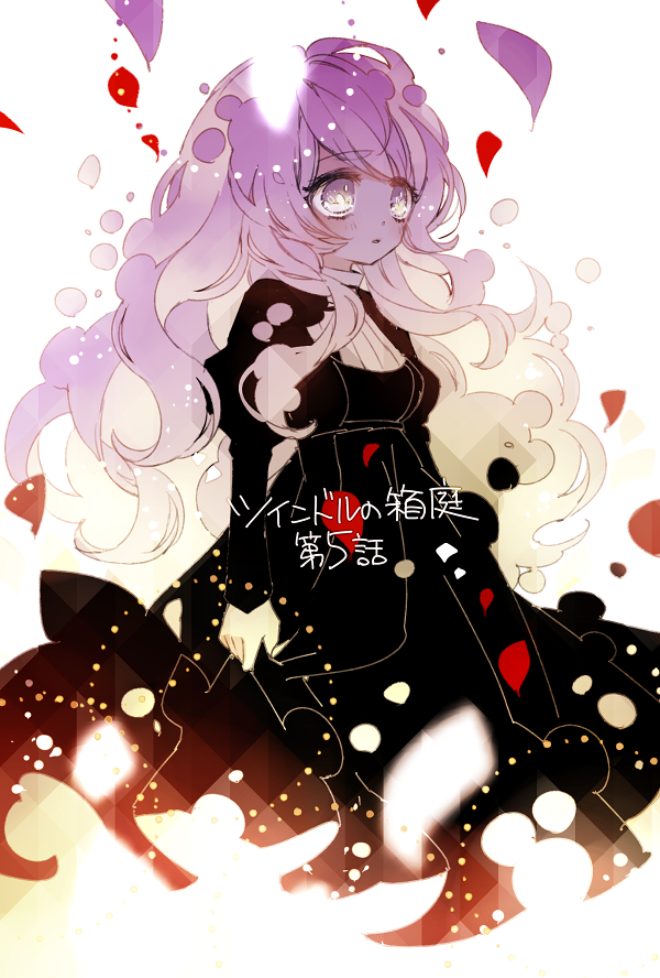 1girl big_hair black_dress blush chino_machiko closed_mouth copyright_request dress holding juliet_sleeves long_hair long_sleeves petals puffy_sleeves purple_hair rose_petals solo translated violet_eyes