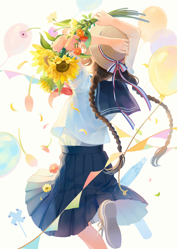 1girl arms_behind_head arms_up backlighting balloon braid brown_hair flower food from_behind fruit hat holding holding_flower long_hair original pinwheel pleated_skirt ramune school_uniform serafuku seuga shoes simple_background skirt sneakers solo standing standing_on_one_leg straw_hat streamers summer sunflower twin_braids undershirt watermelon white_background