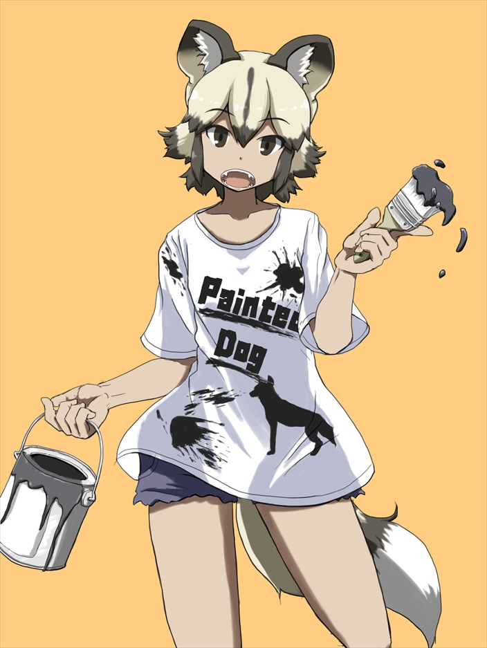 1girl african_wild_dog_(kemono_friends) alternate_costume animal_ears bare_arms bare_legs blonde_hair brown_eyes brown_hair can casual clothes_writing collarbone contemporary cowboy_shot denim denim_shorts dog_ears dog_tail eyebrows_visible_through_hair fangs hair_between_eyes hand_up hane_(kirschbaum) holding holding_can kemono_friends looking_at_viewer open_mouth paint paint_can paint_splatter paintbrush platinum_blonde shirt short_hair short_sleeves shorts sidelocks simple_background solo standing t-shirt tail trim_brush