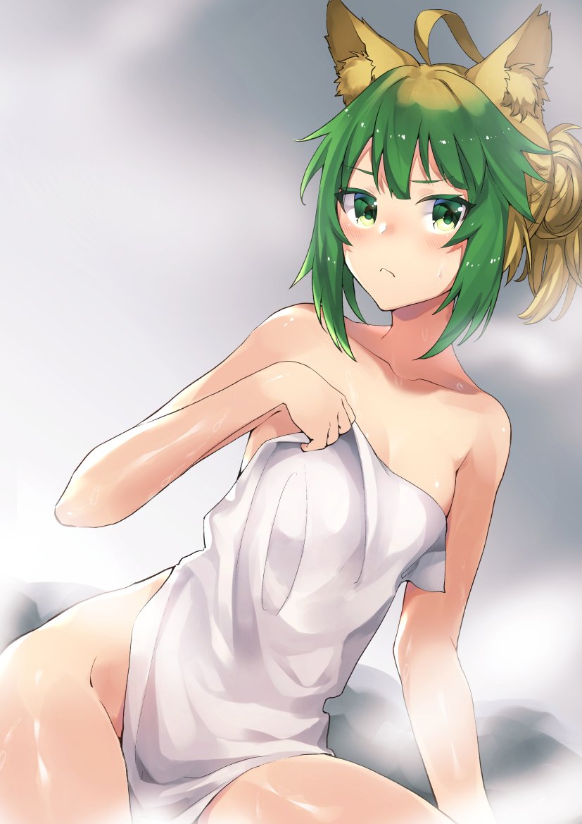 1girl ahoge alternate_hairstyle animal_ears arm_support atalanta_(fate) blonde_hair blush breasts cat_ears cleavage fate/apocrypha fate/grand_order fate_(series) green_eyes green_hair groin hair_between_eyes looking_at_viewer naked_towel pout short_hair small_breasts solo steam sweat tanaka_arumi thighs towel