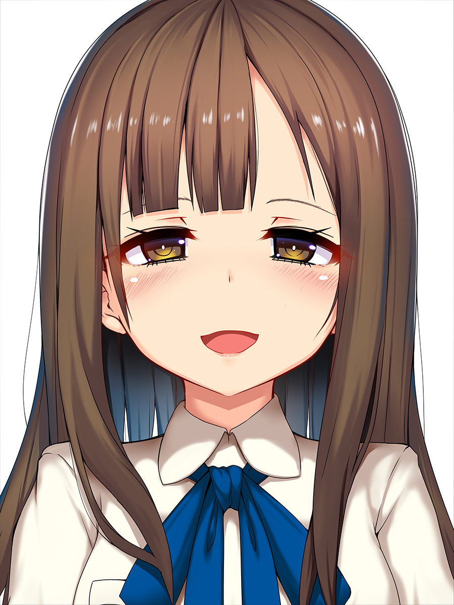 1girl :d bangs blue_neckwear blunt_bangs blush breast_pocket brown_eyes brown_hair collared_shirt face half-closed_eyes highres idolmaster idolmaster_cinderella_girls long_hair looking_at_viewer mizumoto_yukari okuri_banto open_mouth parted_bangs pocket shiny shiny_hair shirt sidelocks simple_background smile solo straight_hair tareme upper_body white_background