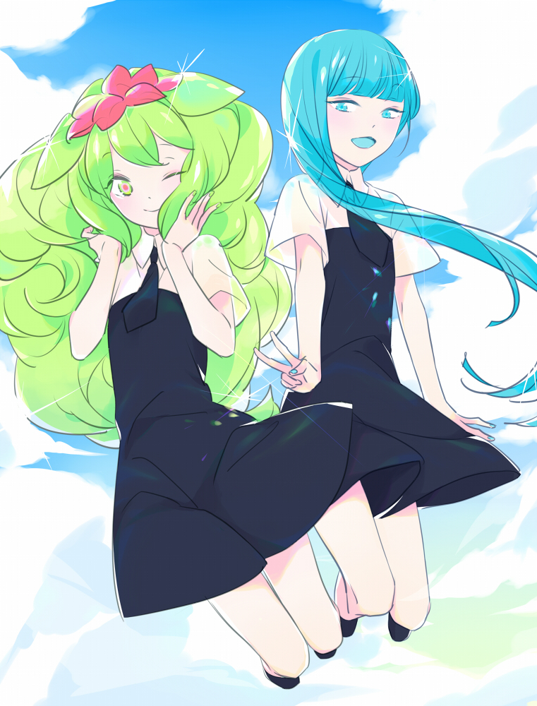 2others androgynous asymmetrical_hair bangs blue_eyes blue_hair blue_sky blunt_bangs clouds full_body gem_uniform_(houseki_no_kuni) green_hair hemimorphite_(houseki_no_kuni) houseki_no_kuni long_hair looking_at_viewer minim_(nnininn) multicolored multicolored_eyes multicolored_hair multiple_others necktie one_eye_closed open_mouth pink_eyes pink_hair sky smile sparkle v watermelon_tourmaline_(houseki_no_kuni)