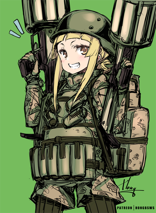 1girl backpack bag blonde_hair brown_eyes commentary_request dual_wielding explosive fukaziroh_(sao) gloves green_background grenade grenade_launcher grin gun helmet holding holding_gun holding_weapon hong_(white_spider) jacket long_hair military military_uniform notice_lines pantyhose patreon_username signature simple_background smile solo standing sword_art_online sword_art_online_alternative:_gun_gale_online trigger_discipline uniform weapon