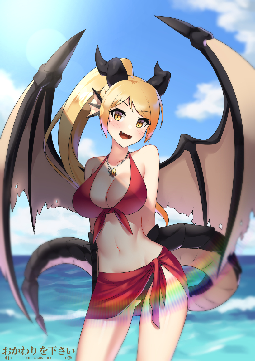 1girl :d artist_name bikini black_bikini_bottom blonde_hair blue_sky breasts cleavage clouds commentary commission cowfee day dragon_girl dragon_tail dragon_wings english_commentary eyebrows_visible_through_hair fang head_fins horns jewelry large_breasts lens_flare long_hair looking_at_viewer monster_girl navel open_mouth outdoors pendant ponytail red_bikini_top red_sarong sarong sky slit_pupils smile solo swimsuit tail water wings yellow_eyes