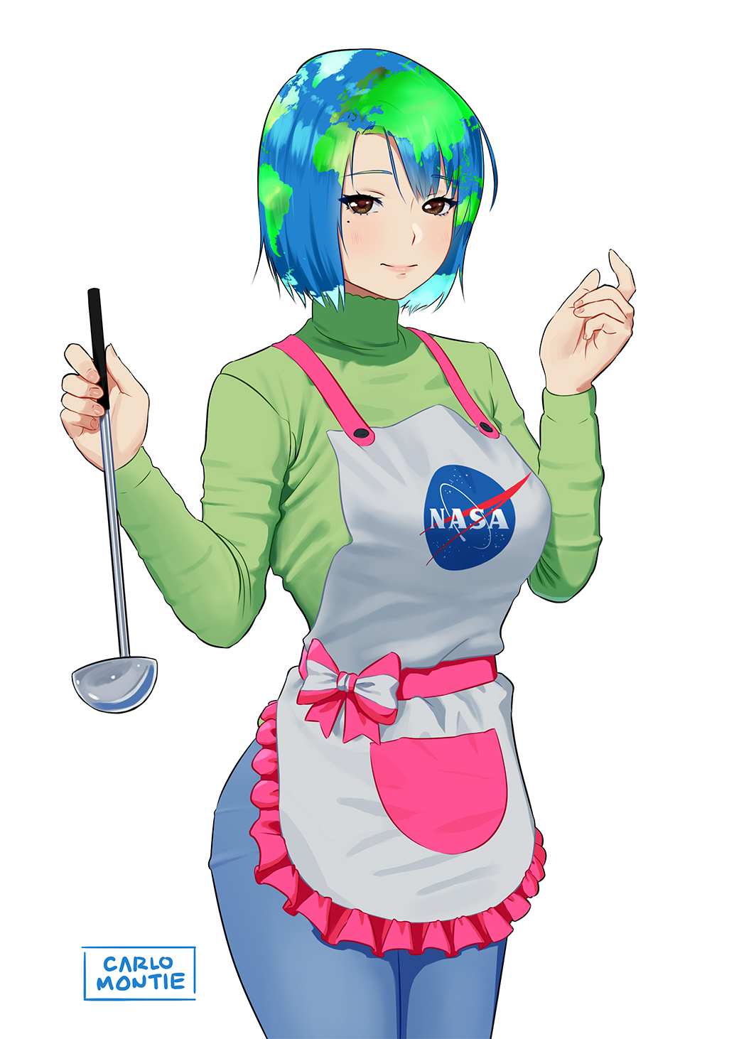 1girl apron arms_up artist_name bangs blue_hair blue_pants bow breasts brown_eyes carlo_montie closed_mouth denim earth-chan frilled_apron frills green_hair green_shirt highres holding horizontal_stripes jeans ladle legs_together long_sleeves looking_at_viewer mature medium_breasts mole mole_under_eye multicolored_hair nasa_logo older original pants parted_bangs personification pink_bow shirt short_hair simple_background smile solo standing striped striped_bow turtleneck two-tone_bow two-tone_hair waist_apron white_apron white_background white_bow
