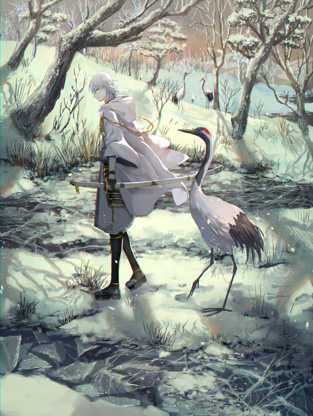 bird black_footwear black_gloves commentary_request crane_(animal) gloves grey_hair grey_legwear highres holding holding_sword holding_weapon hood hood_down ice looking_at_viewer looking_to_the_side outdoors partly_fingerless_gloves pippi_(pixiv_1922055) red_eyes river sandals scabbard sheath smile snow standing sword tabi touken_ranbu tree tsurumaru_kuninaga weapon winter